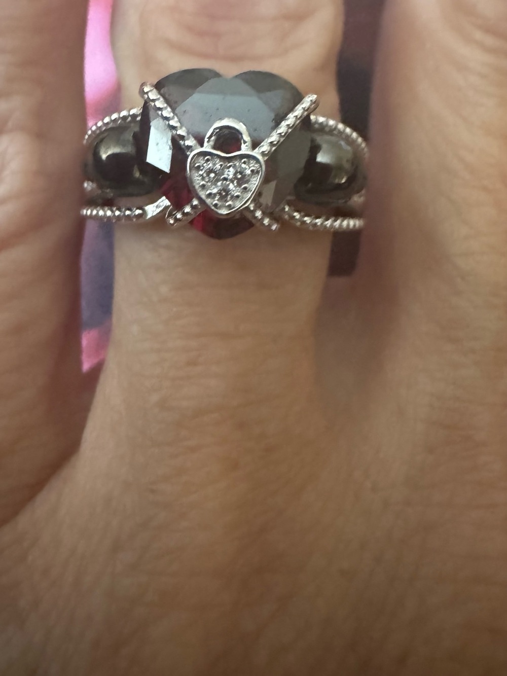 NWT Sterling Silver Ring with Deep Red Heart Crystal and Black Skulls, Size 7, 8